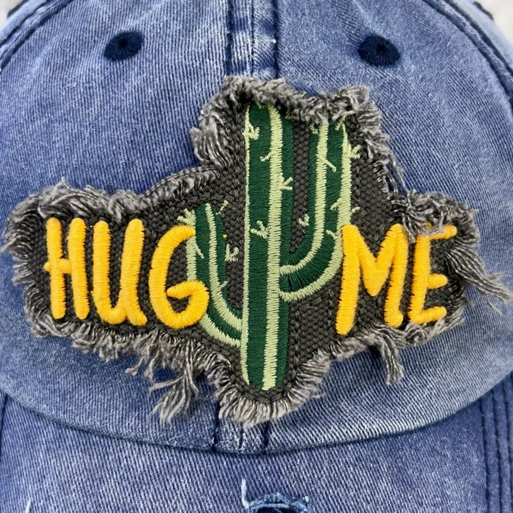 Hug Me Cactus Women Blue KBETHOS Baseball Cap Distressed Denim One Size
